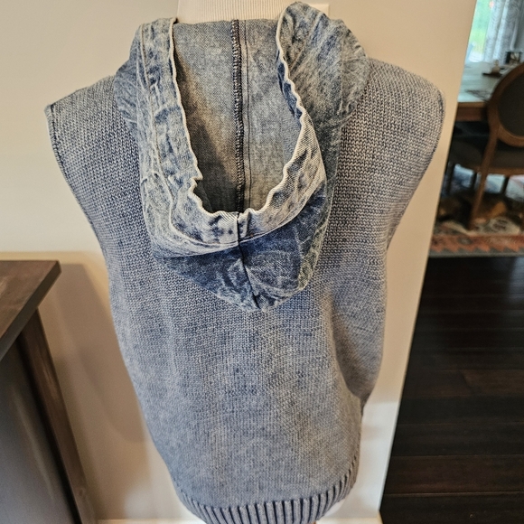 North Style Size MED• Vintage Full Zip Hooded Knit Denim Mixed Media Vest Unique - Picture 4 of 11